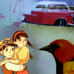 cartoon people, bird, and car