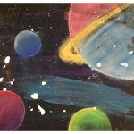 mixed media universe with colorful planets