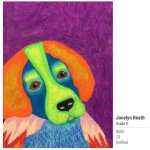 colorful dog drawing in green, orange ears, blue face, magenta background