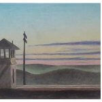 pastel drawing of a watch tower and sunset