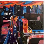 bright red and blue city on water painting