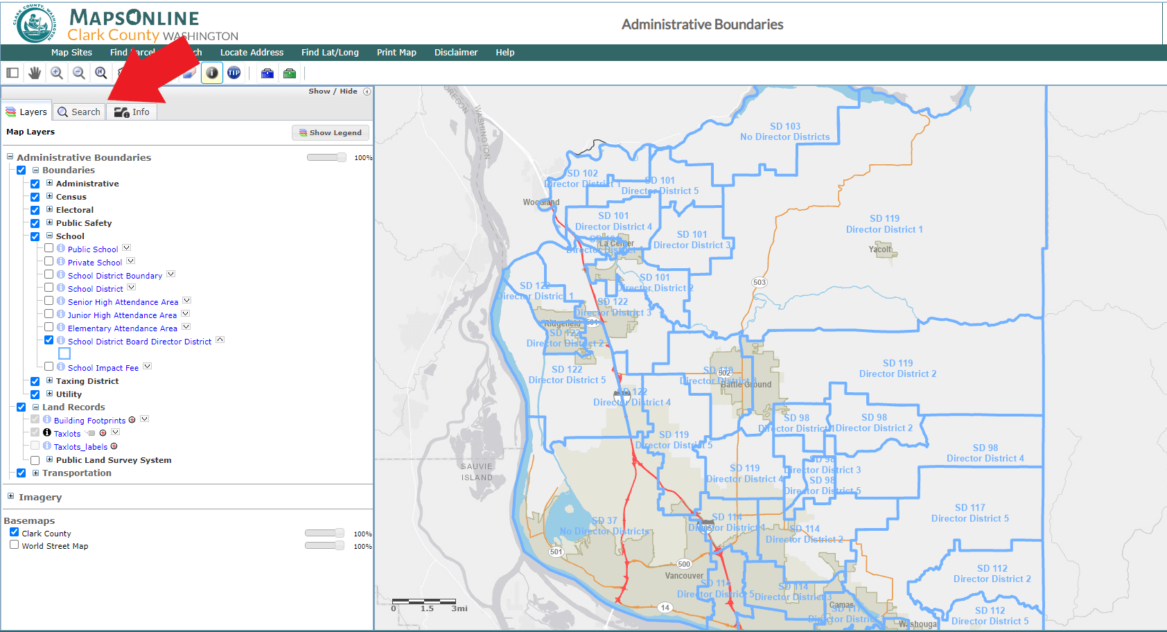 Clark County MapsOnline with arrow showing how to search for director district