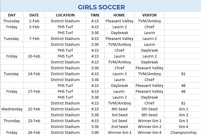 Girls Soccer schedule