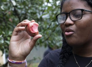 Student holding a small apple
