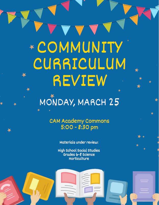 Community curriculum review night MOnday March 25, 2024 at 5pm to 8:30pm